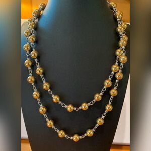 CH Gold Tone Beaded Station Necklace Silver Tone Wire Wrapped Chain Jewelry
